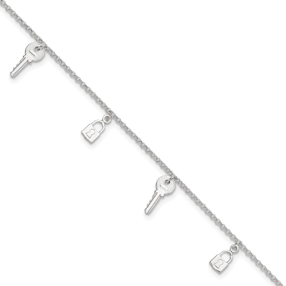 Sterling Silver Lock and Key 9 inch Plus 1 inch Extender - Total 10 inch Anklet, 10 x 2 mm
