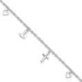 Sterling Silver Cross/Heart/Anchor 9 inch Plus 1 inch Extender - Total 10 inch Anklet, 10 x 2 mm