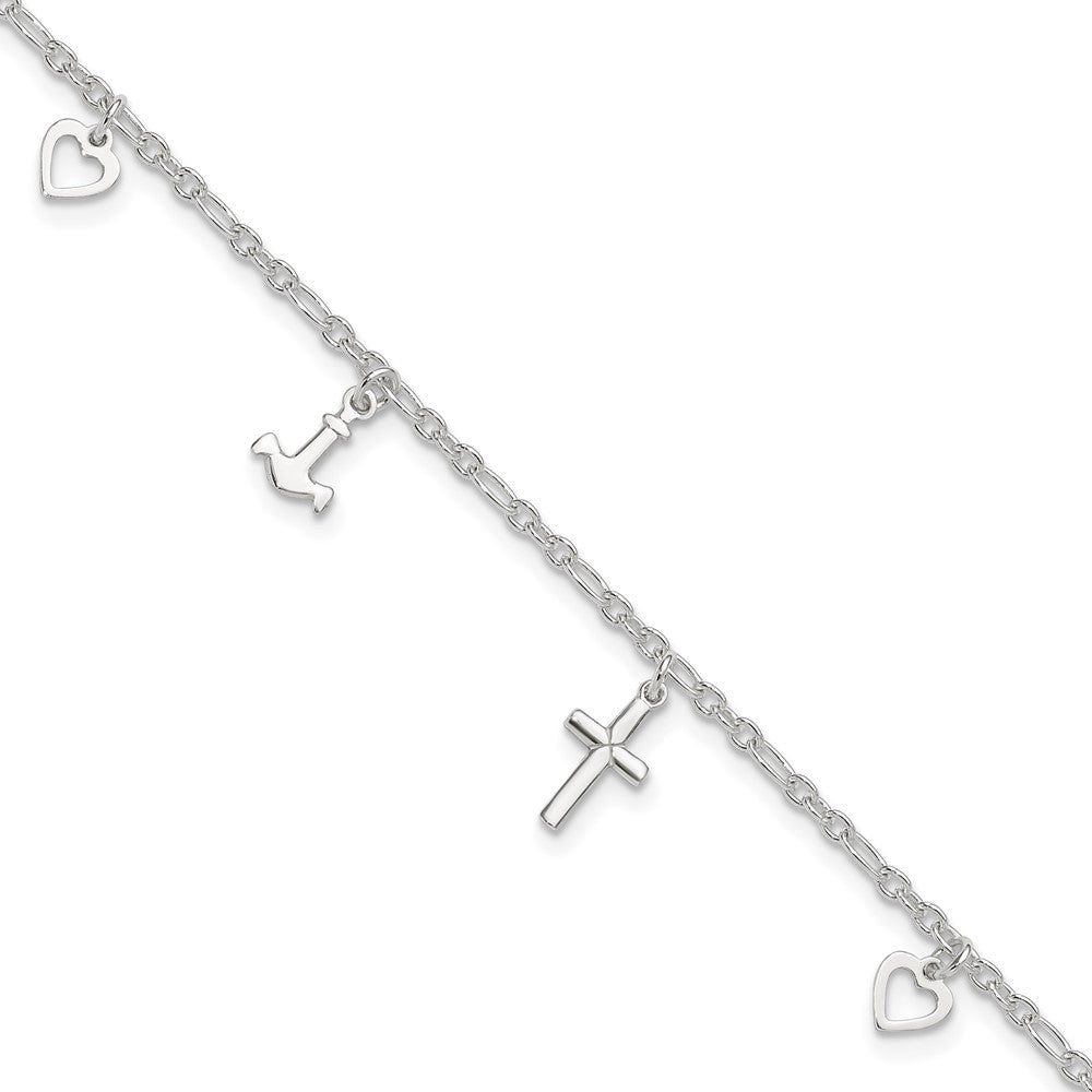 Sterling Silver Cross/Heart/Anchor 9 inch Plus 1 inch Extender - Total 10 inch Anklet, 10 x 2 mm