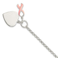 Sterling Silver Fancy Engraveable Heart with Pink Ribbon Bracelet, 7.5 x 20 mm