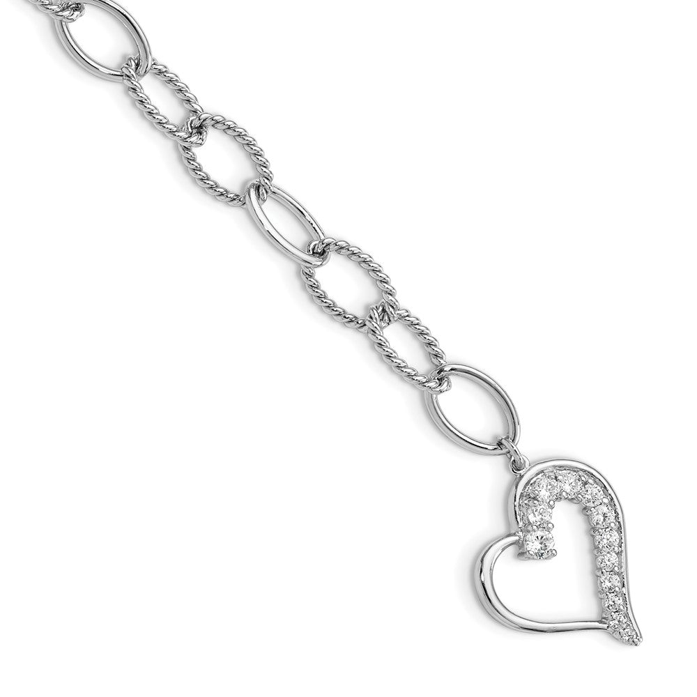 Sterling Silver Rhodium Plated Journey Heart CZ Dangle Bracelet, 7.5 x 19 mm