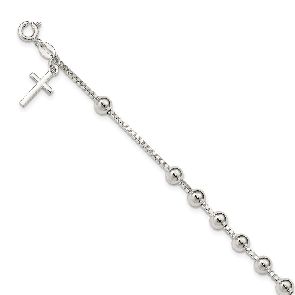 Sterling Silver Cross on Bead Bracelet, 7.25 x 9 mm