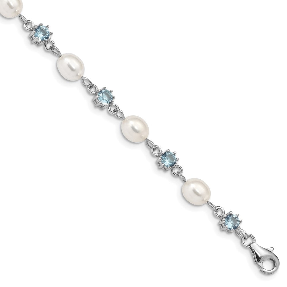 Sterling Silver Rhodium Blue CZ FW Cultured Pearl Bracelet, 7 x 6.5 mm