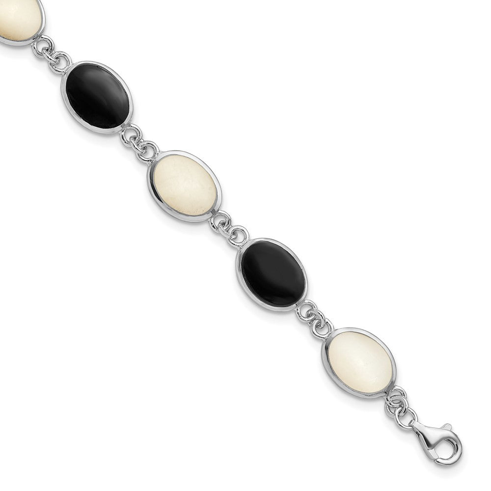 Sterling Silver Rhodium-plated Onyx and Mother of Pearl Bracelet, 7 x 8 mm