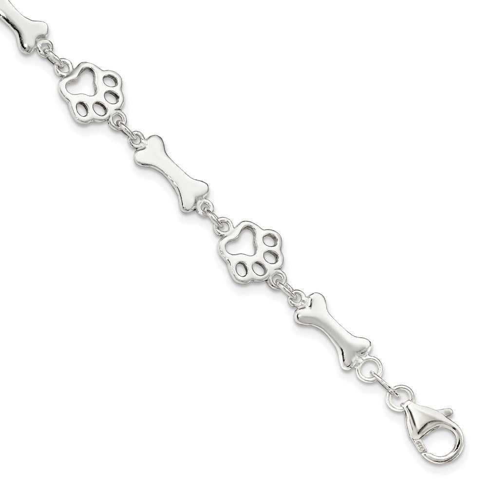 Sterling Silver Dog Bones and Paws Bracelet, 7.5 x 9 mm