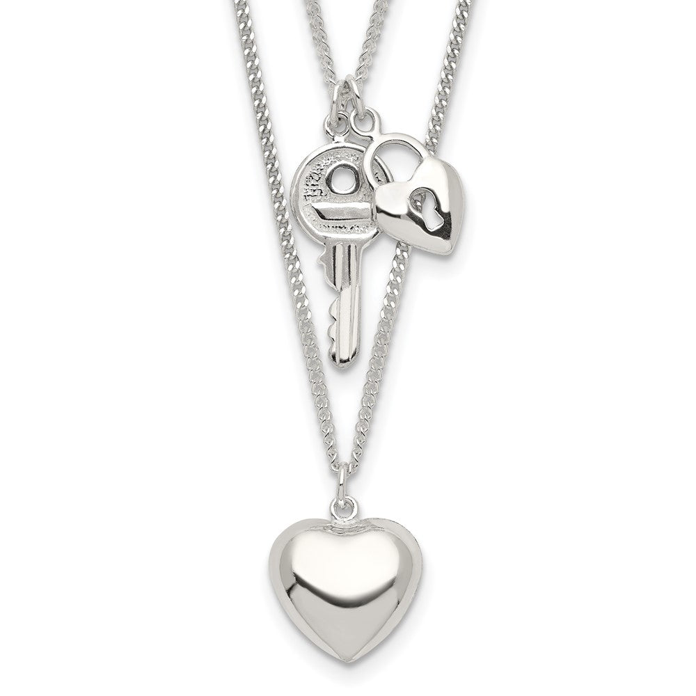 Sterling Silver 2-Strand Heart and Key Necklace, 18 x 13 mm