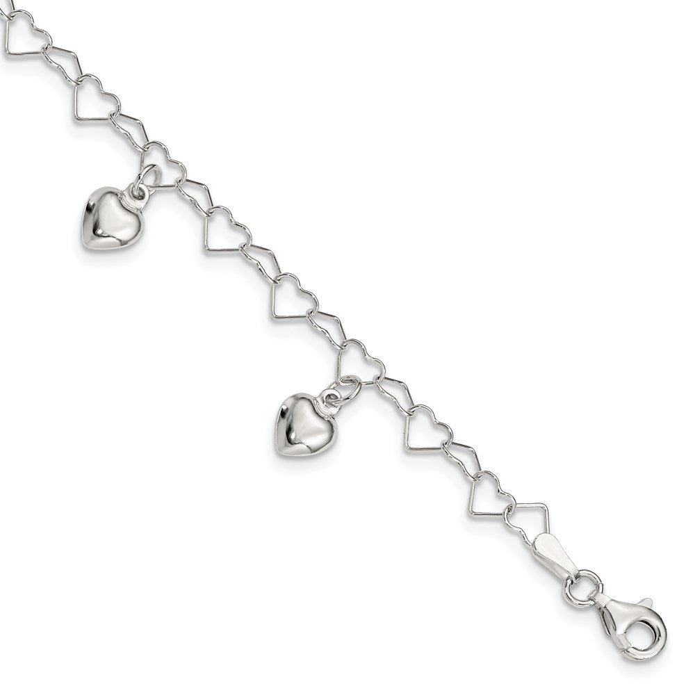 Sterling Silver Polished Dangling Heart Children's Bracelet, 6 x 9 mm