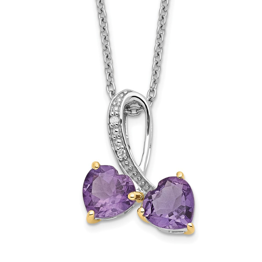Brilliant Gemstones Sterling Silver with 14K Accent Rhodium-plated Amethyst and Diamond Heart 18 Inch Necklace with 2 Inch Extender, 1.41 ct, 20 x 11 mm