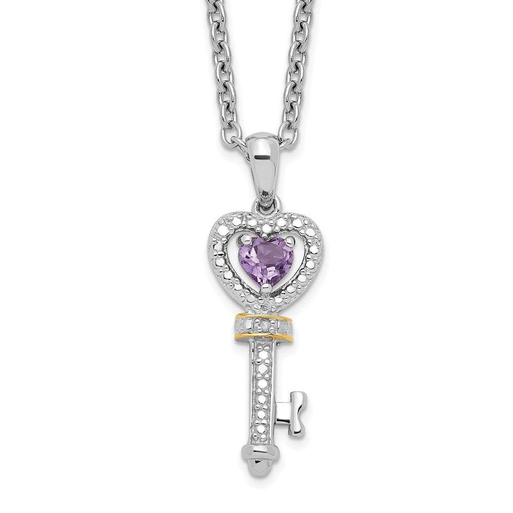 Brilliant Gemstones Sterling Silver with 14K Accent Rhodium-plated Amethyst and Diamond Key 18 Inch Necklace with 2 Inch Extender, 0.345 ct, 20 x 4 mm