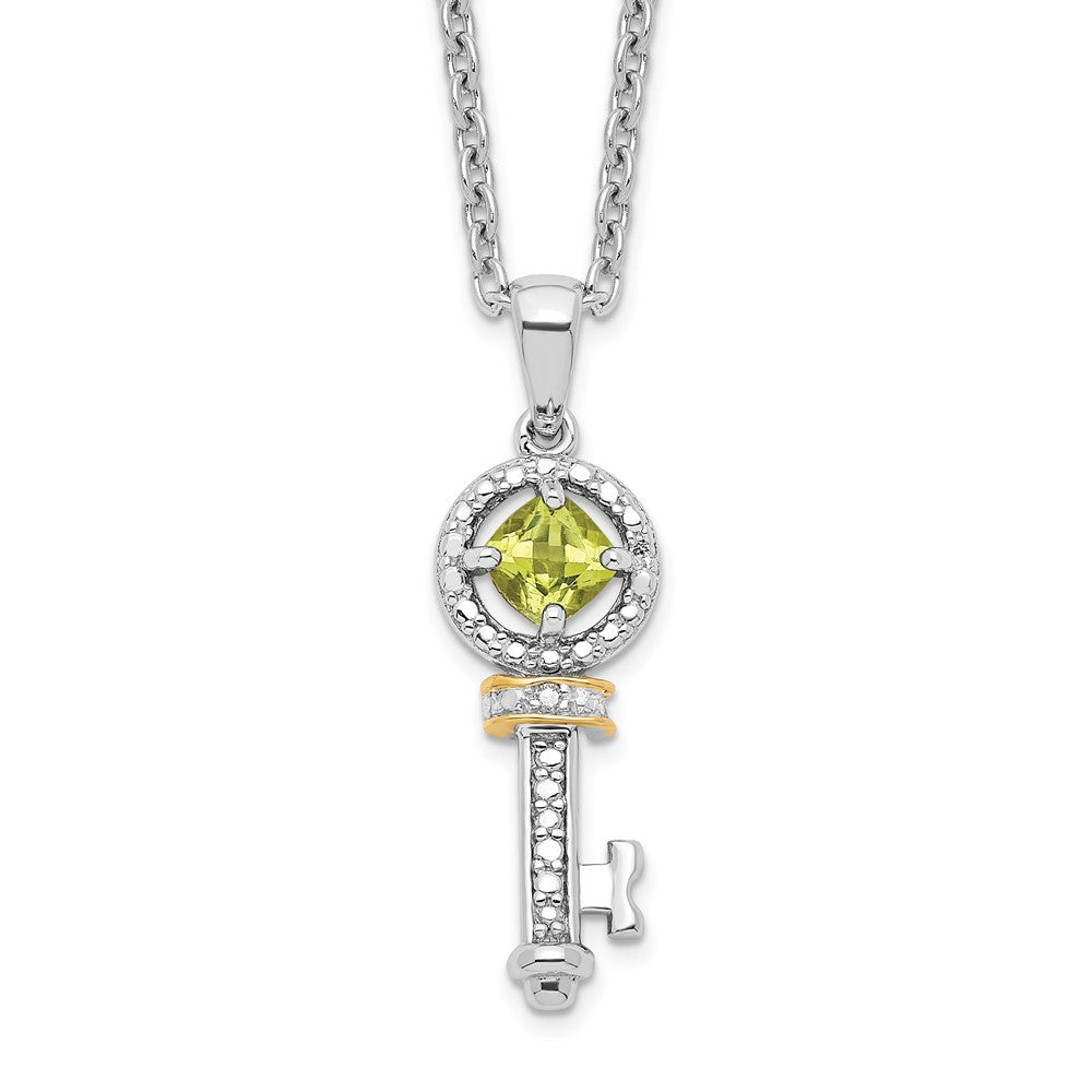 Brilliant Gemstones Sterling Silver with 14K Accent Rhodium-plated Peridot and Diamond Key 18 Inch Necklace with 2 Inch Extender, 0.465 ct, 20 x 7 mm