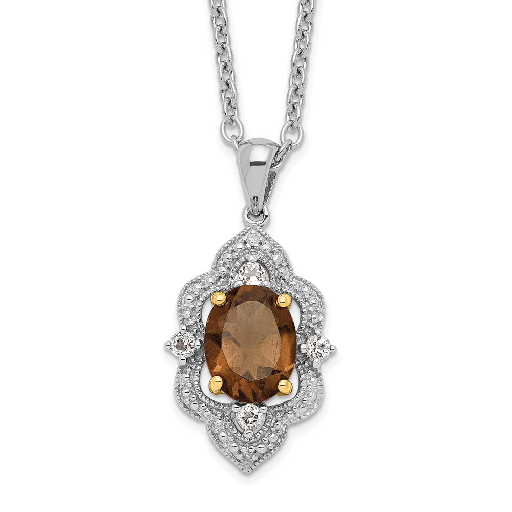 Brilliant Gemstones Sterling Silver with 14K Accent Rhodium-plated Smoky Quartz and White Topaz and Diamond 18 Inch Necklace with 2 Inch Extender, 1.85 ct, 20 x 7 mm