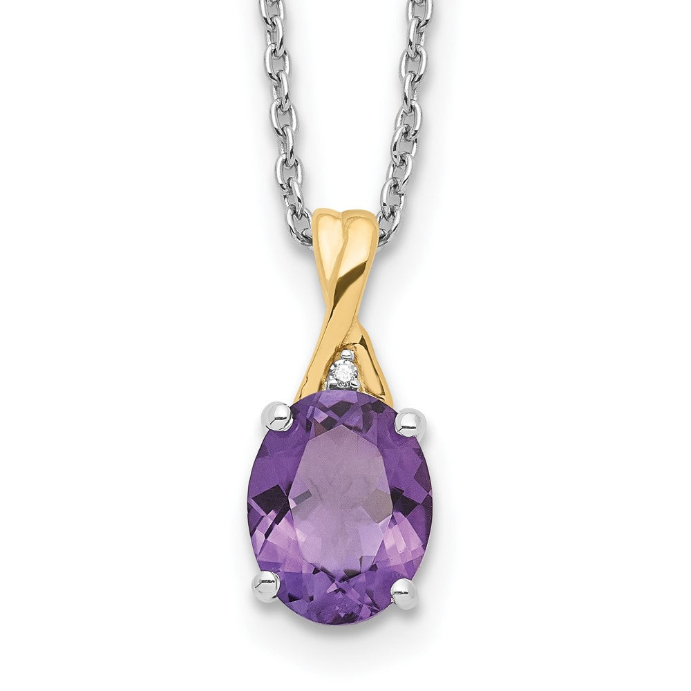 Brilliant Gemstones Sterling Silver with 14K Accent Rhodium-plated Amethyst and Diamond 18 Inch Necklace with 2 Inch Extender, 1.725 ct, 20 x 7 mm