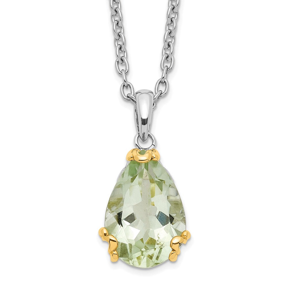 Brilliant Gemstones Sterling Silver with 14K Accent Rhodium-plated Green Quartz 18 Inch Necklace with 2 Inch Extender, 5 ct, 20 x 11 mm