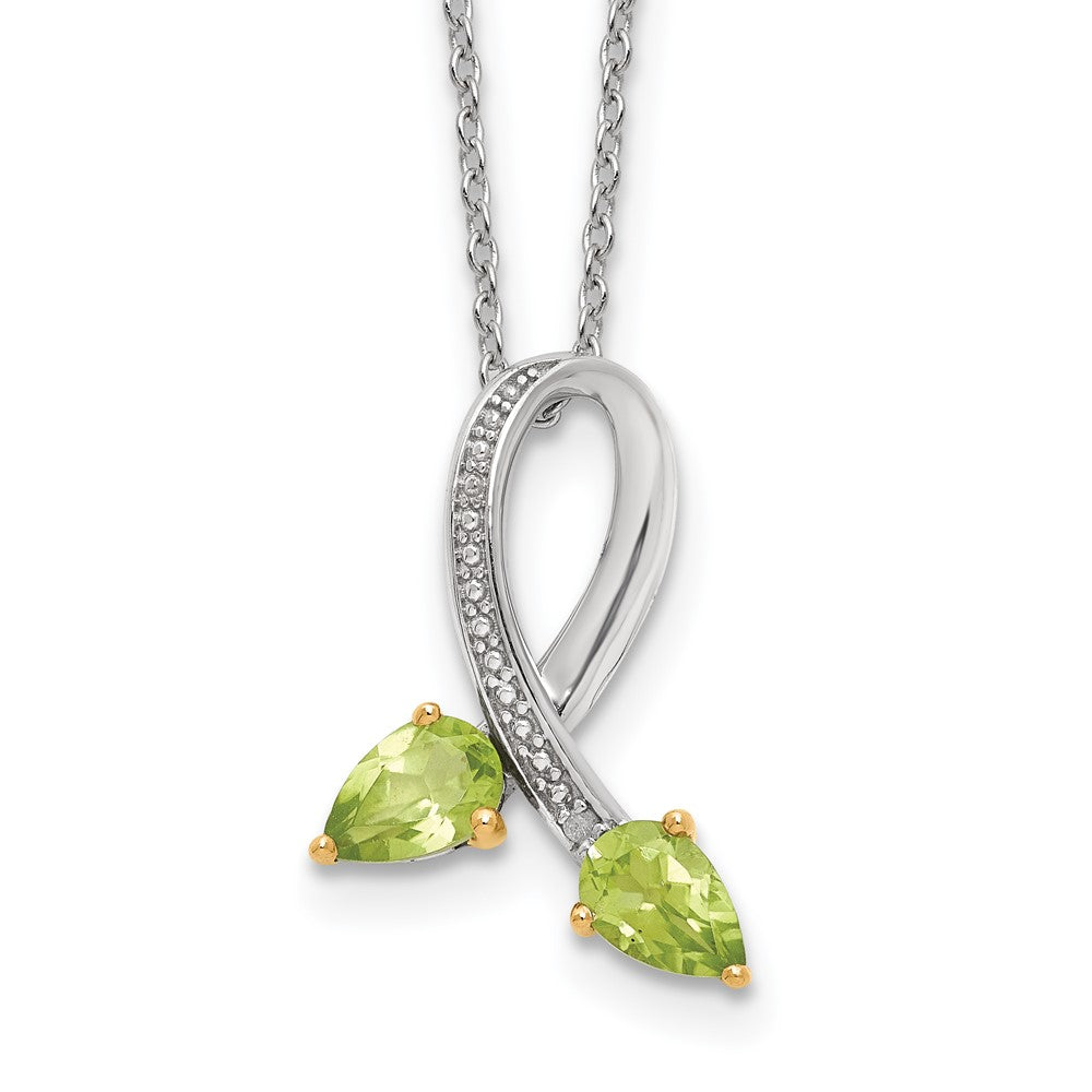 Brilliant Gemstones Sterling Silver with 14K Accent Rhodium-plated Peridot and Diamond 18 Inch Necklace with 2 Inch Extender, 0.905 ct, 20 x 13 mm