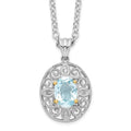 Brilliant Gemstones Sterling Silver with 14K Accent Rhodium-plated Sky Blue Topaz and Diamond 18 Inch Necklace with 2 Inch Extender, 1.62 ct, 20 x 13 mm