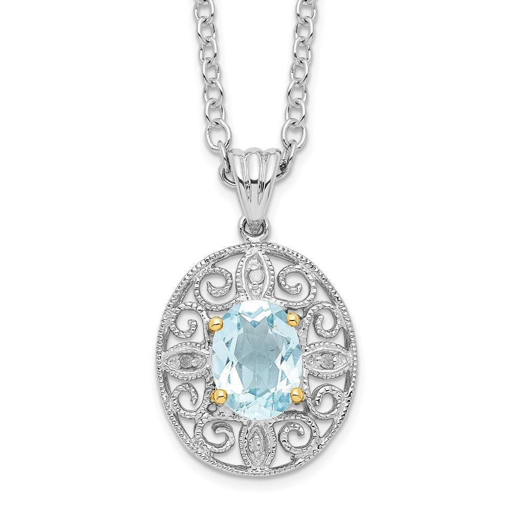 Brilliant Gemstones Sterling Silver with 14K Accent Rhodium-plated Sky Blue Topaz and Diamond 18 Inch Necklace with 2 Inch Extender, 1.62 ct, 20 x 13 mm