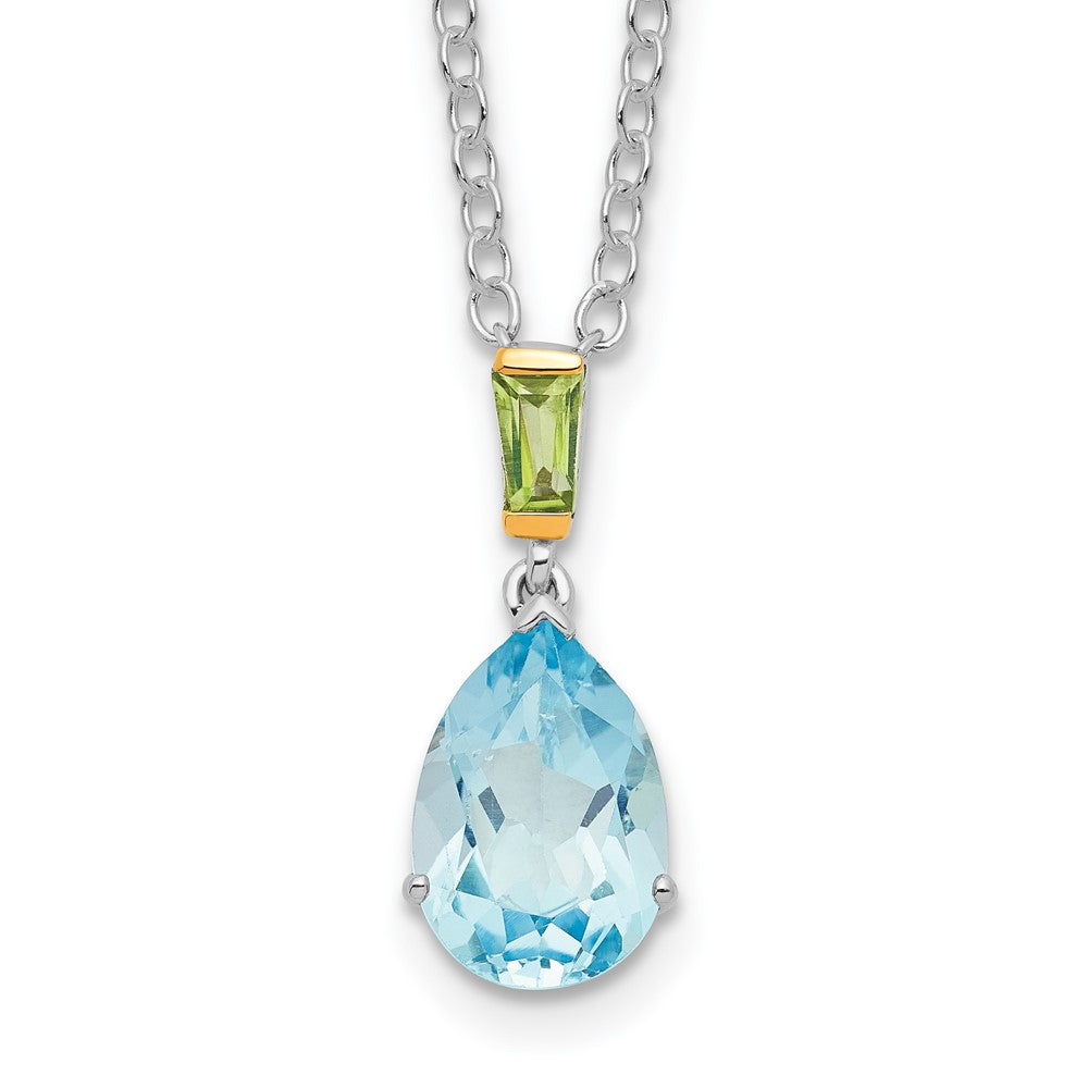 Brilliant Gemstones Sterling Silver with14K Accent Rhodium-plated Sky Blue Topaz and Peridot 18 Inch Necklace with 2 Inch Extender, 4.41 ct, 20 x 7 mm