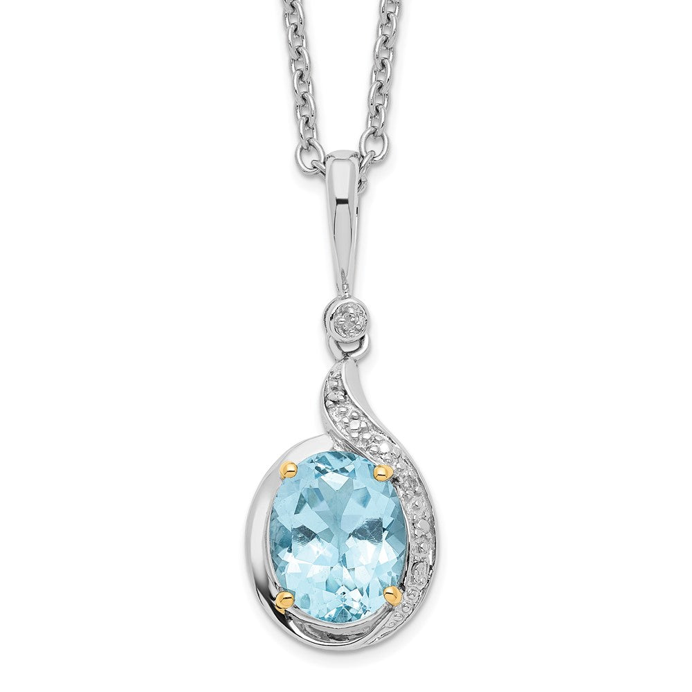 Brilliant Gemstones Sterling Silver with 14K Accent Rhodium-plated Sky Blue Topaz and Diamond 18 Inch Necklace with 2 Inch Extender, 3.16 ct, 20 x 12 mm
