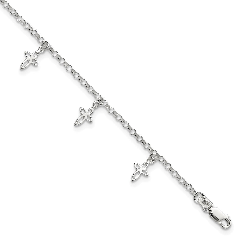 Sterling Silver 9 in Cross Anklet, 9 x 3 mm