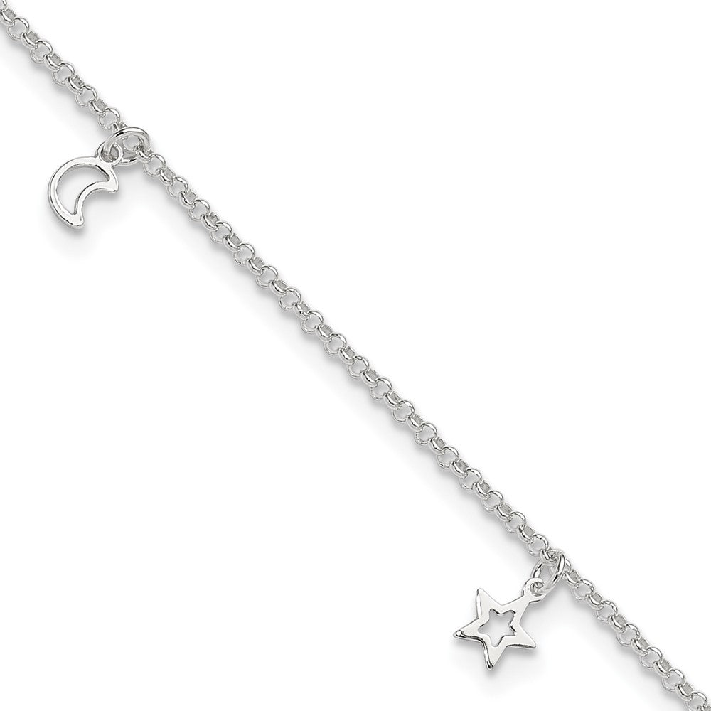 Sterling Silver Moon and Stars 9 inch Plus 1 inch Extender - Total 10 inch Anklet, 10 x 2 mm