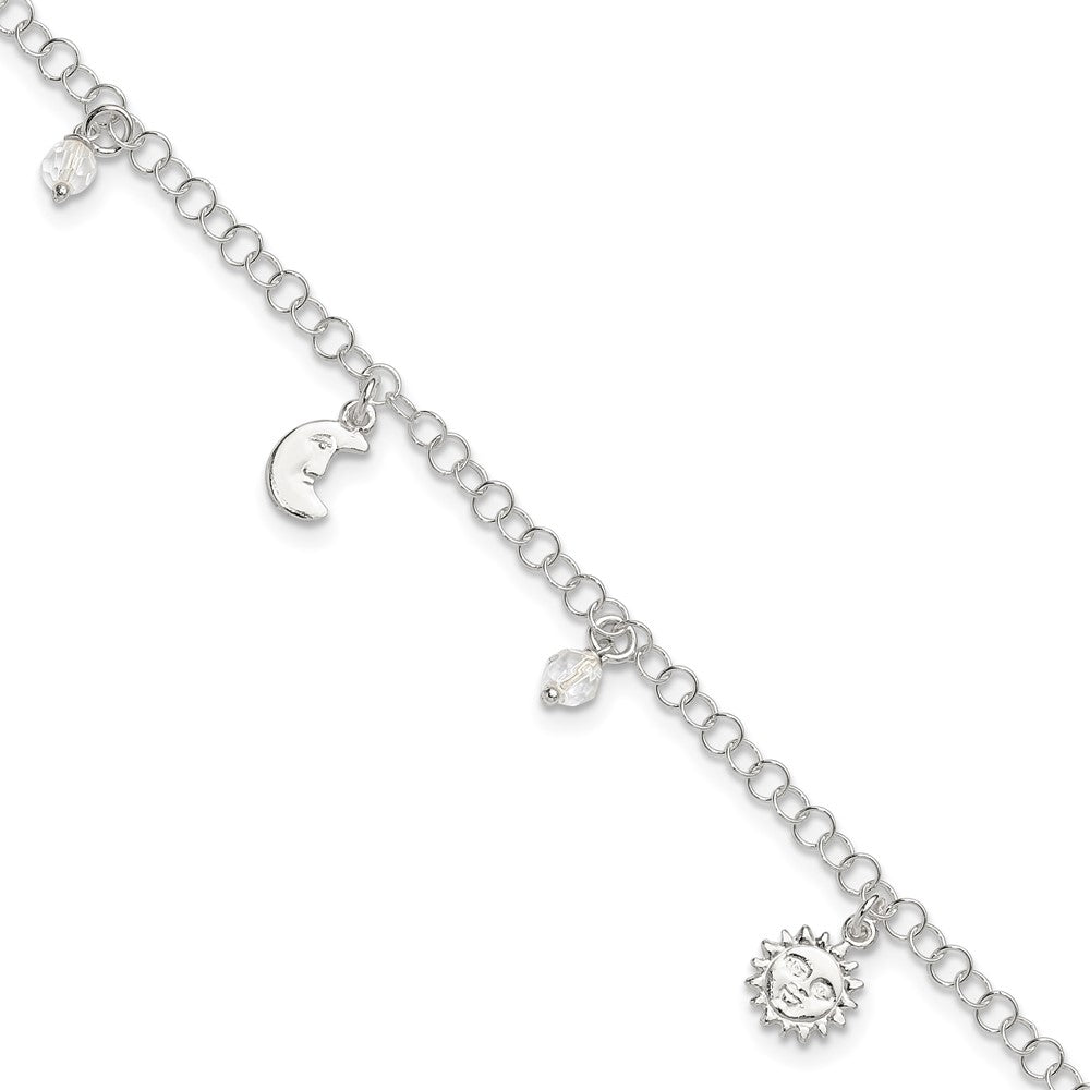Sterling Silver Sun/Moon/Star/Crystal 9 inch Plus 1 inch Extender - Total 10 inch Anklet, 10 x 4 mm