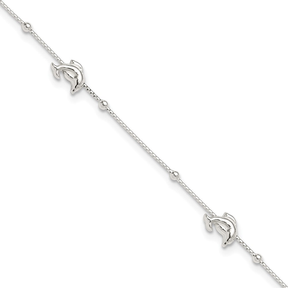Sterling Silver Dolphins and Beads 4-Station 9 inch Plus 1 inch Extender - Total 10 inch Anklet, 10 x 7 mm