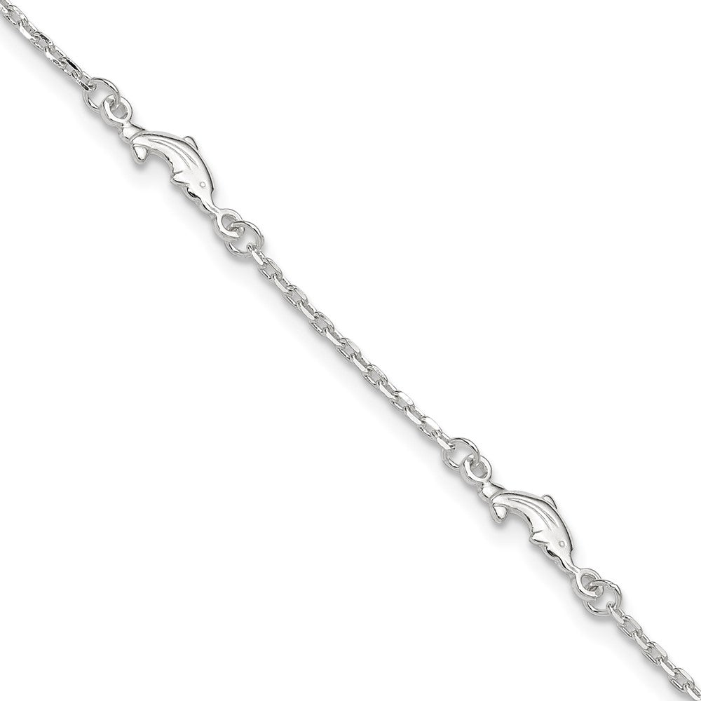 Sterling Silver Dolphin 5-Station 9 inch Plus 1 inch Extender - Total 10 inch Anklet, 10 x 5 mm