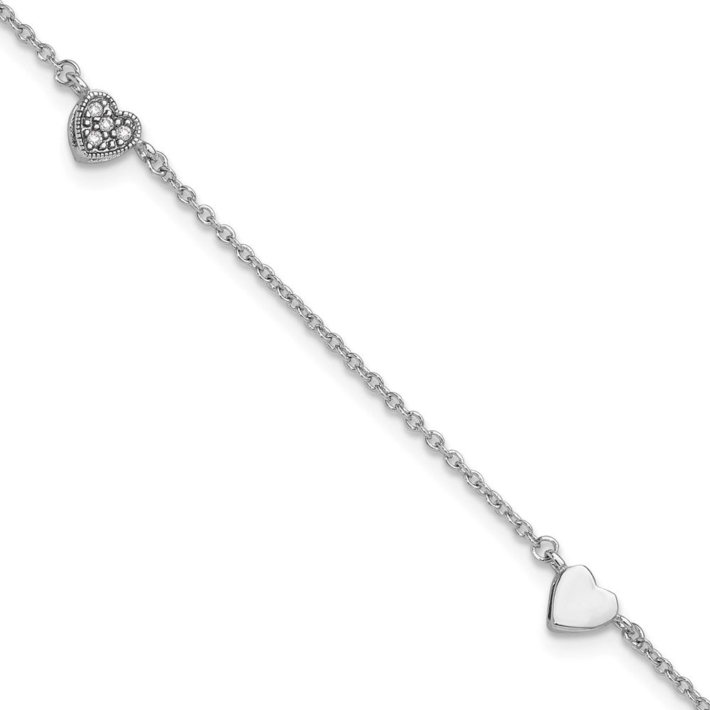 Sterling Silver Rhodium-plated CZ Heart 9 inch Plus 1 inch Extender - Total 10 inch Anklet, 10 x 7 mm