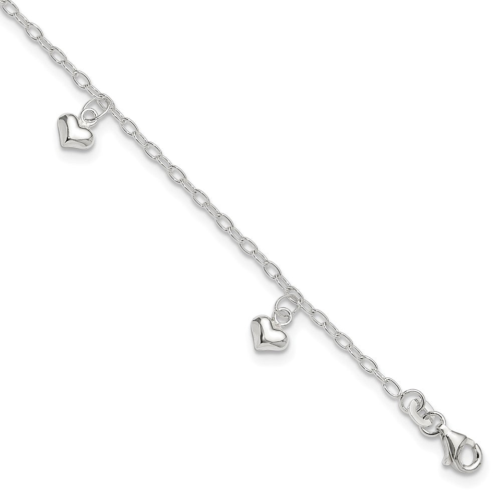 Sterling Silver Puffed Heart Charms 9 inch Plus 1 inch Extender - Total 10 inch Anklet, 10 x 2 mm