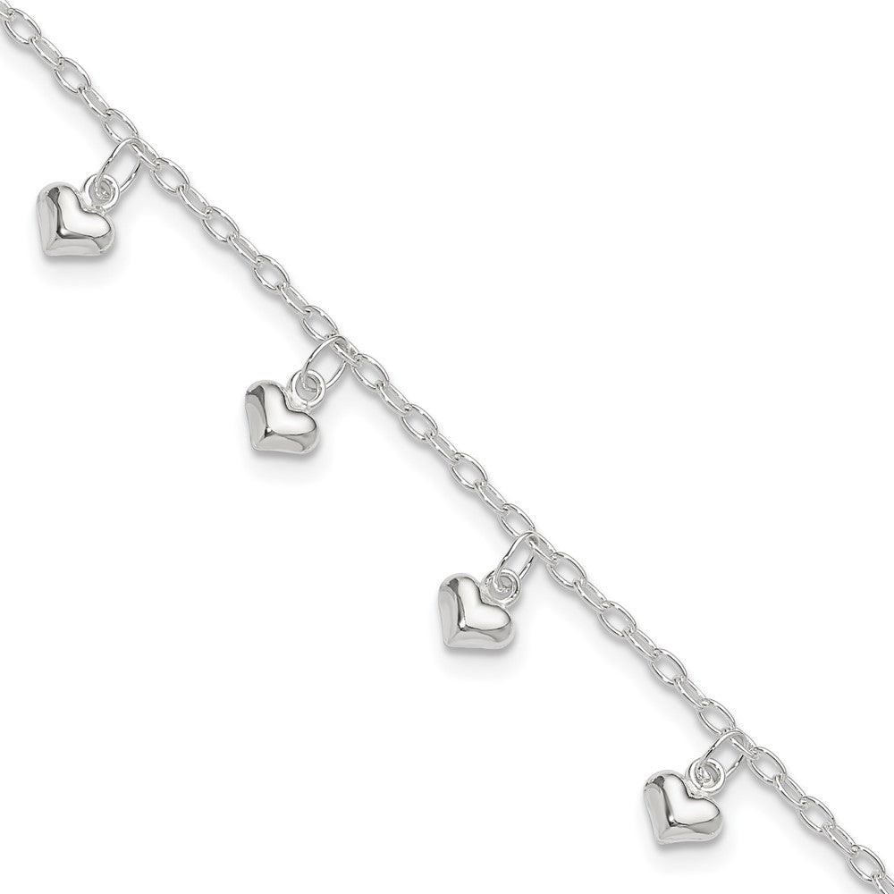 Sterling Silver Polished Puffed Heart Anklet, 10 x 2 mm