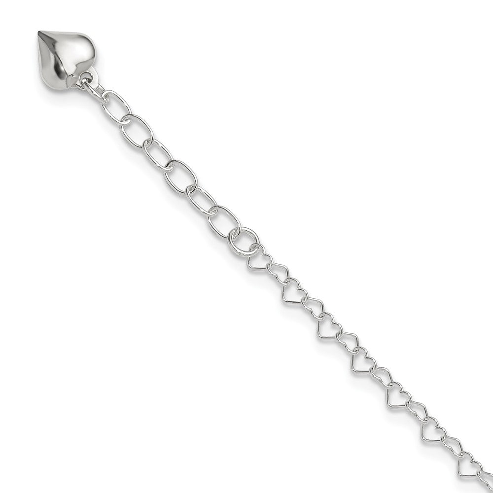 Sterling Silver Puffed Heart Dangle 9 inch Plus 1 inch Extender - Total 10 inch Anklet, 10 x 5 mm, 2.48 g
