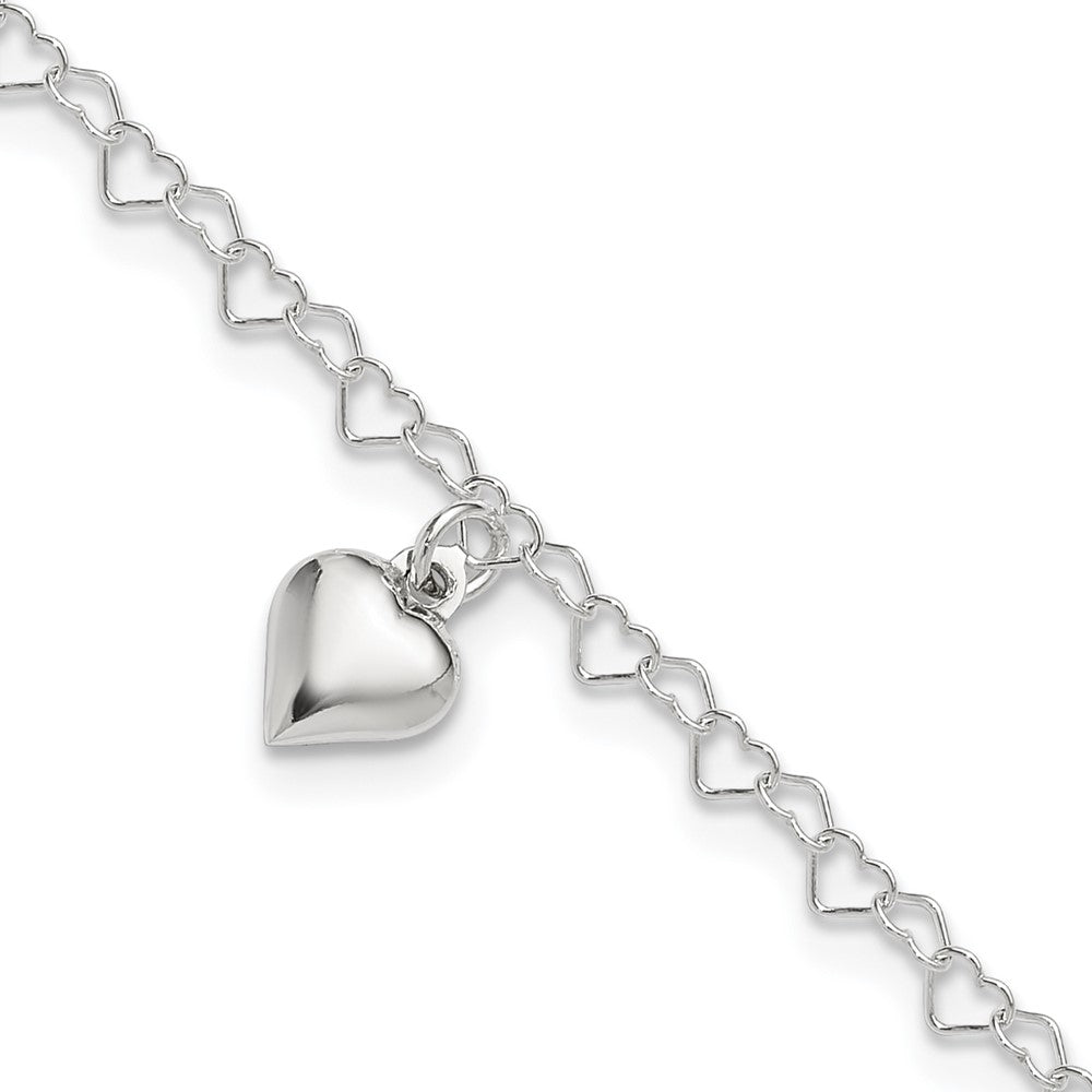 Sterling Silver Puffed Heart Charm 9 inch Plus 1 inch Extender - Total 10 inch Anklet, 10 x 5 mm