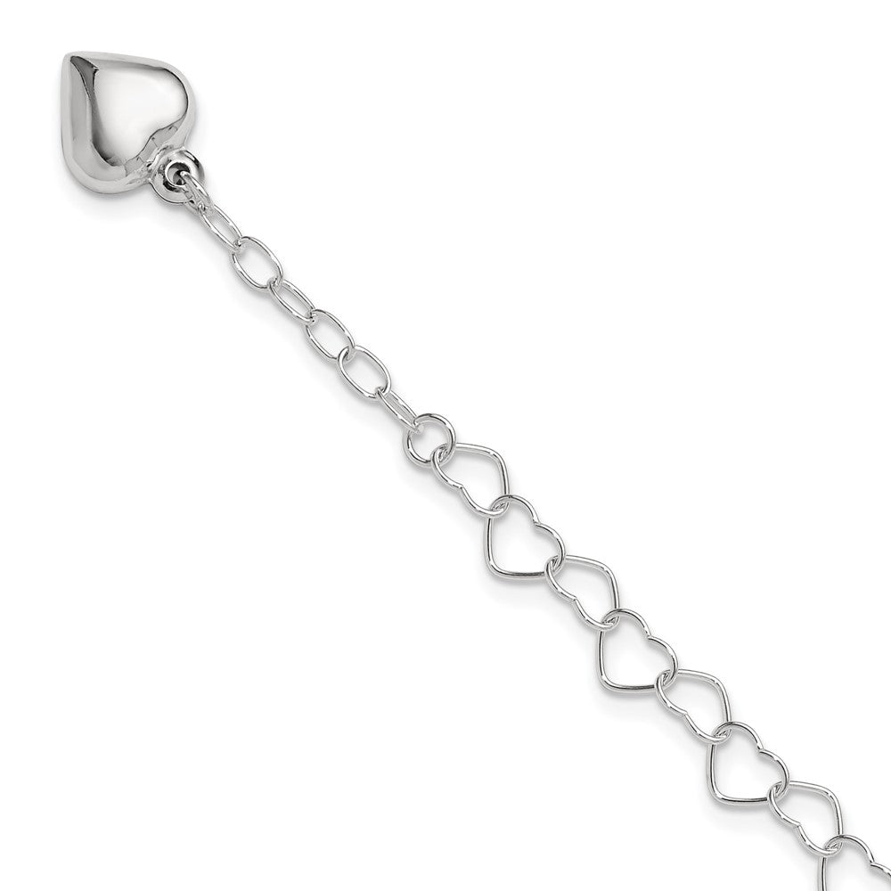 Sterling Silver Puffed Heart Dangle 9 inch Plus 1 inch Extender - Total 10 inch Anklet, 10 x 5 mm, 4.03 g