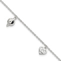 Sterling Silver Heart/YinYang/Peace Sign 8 inch Plus 1 inch Extender - Total 9 inch Anklet, 9 x 2 mm