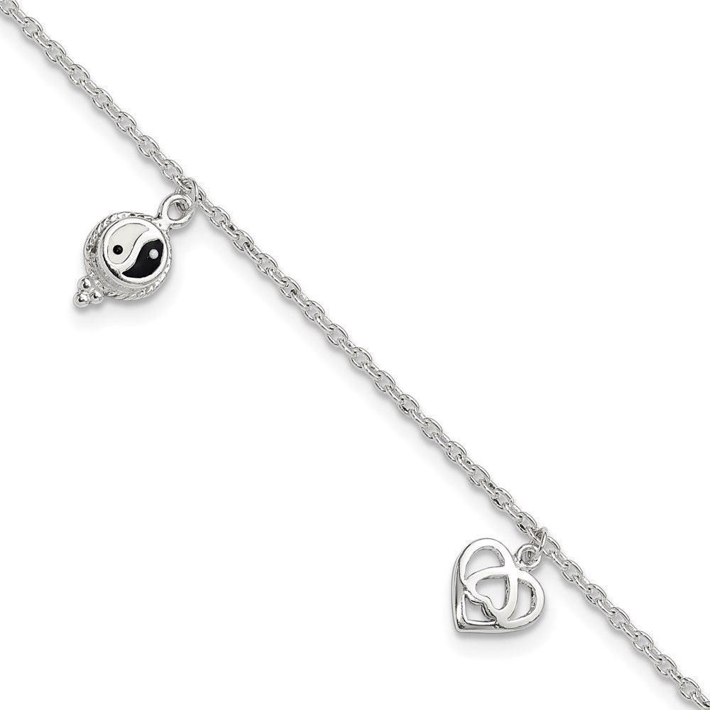 Sterling Silver Heart/YinYang/Peace Sign 8 inch Plus 1 inch Extender - Total 9 inch Anklet, 9 x 2 mm