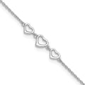 Sterling Silver Rhodium-plated Three Hearts 10 inch Plus 1 inch Extender - Total 11 inch Anklet, 11 x 7 mm