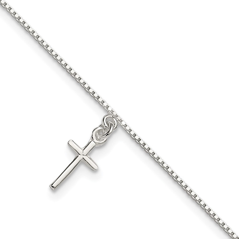 Sterling Silver 10 in Solid Polished Cross on Box Chain Anklet, 10 x 6 mm