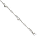 Sterling Silver Hearts 5-Station 9 inch Plus 1 inch Extender - Total 10 inch Anklet, 10 x 6 mm