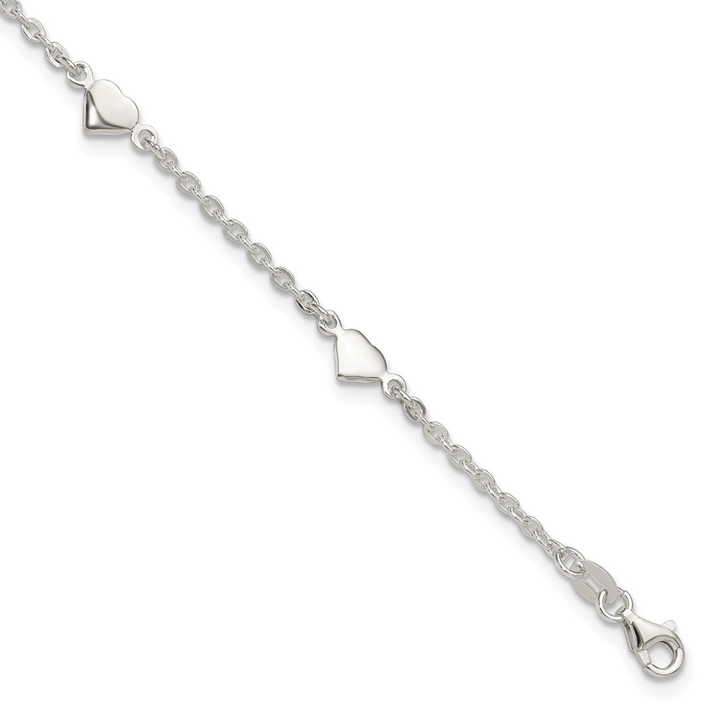 Sterling Silver Hearts 5-Station 9 inch Plus 1 inch Extender - Total 10 inch Anklet, 10 x 6 mm