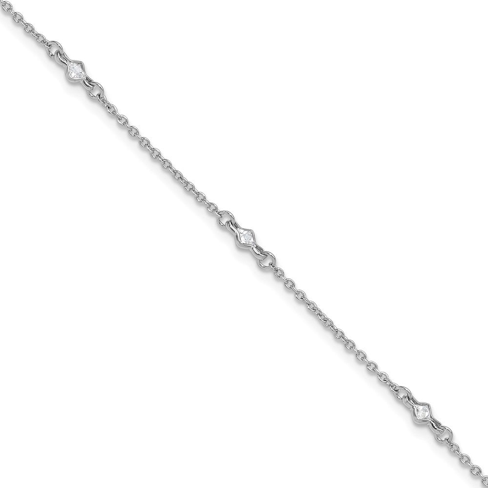 Sterling Silver Rhodium-plated Bezel CZ 5-Station 9 inch Plus 1 inch Extender - Total 10 inch Anklet, 10 x 4.5 mm