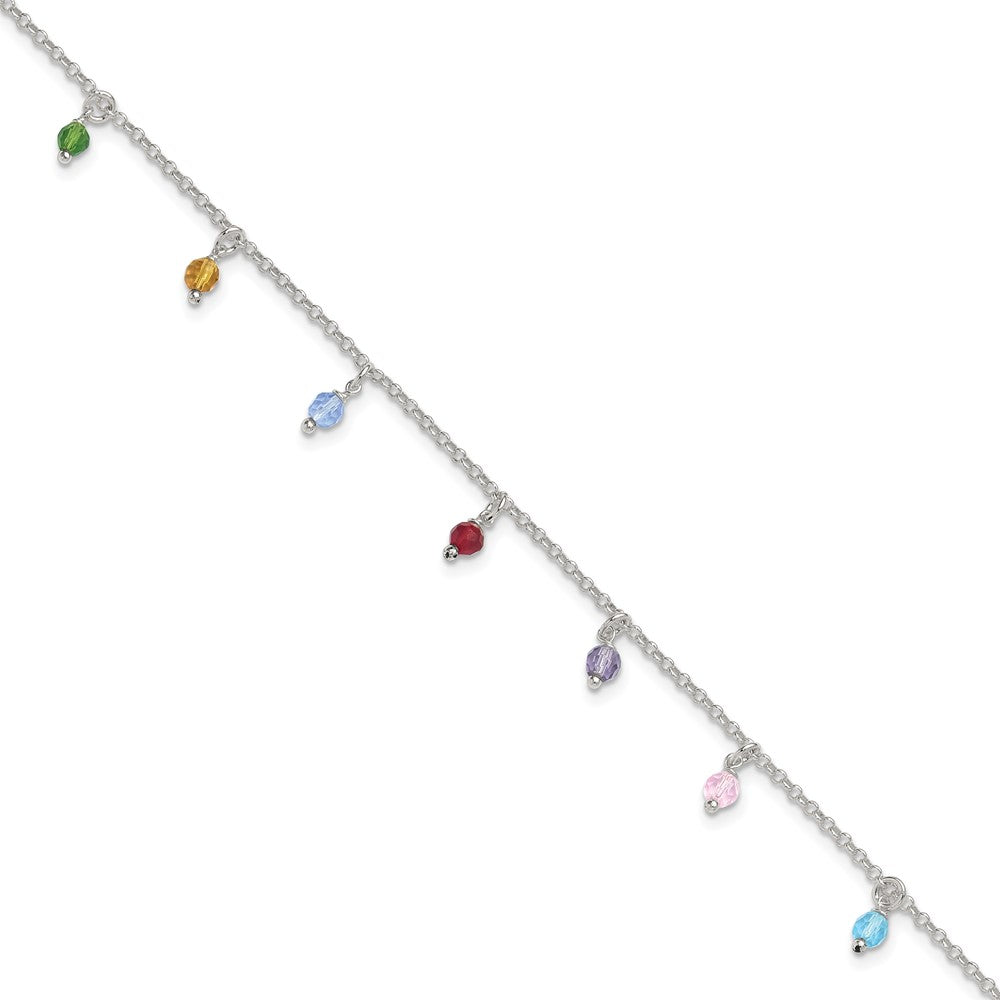 Sterling Silver Multi-colored Beads 9 inch Plus 1 inch Extender - Total 10 inch Anklet, 10 x 2 mm