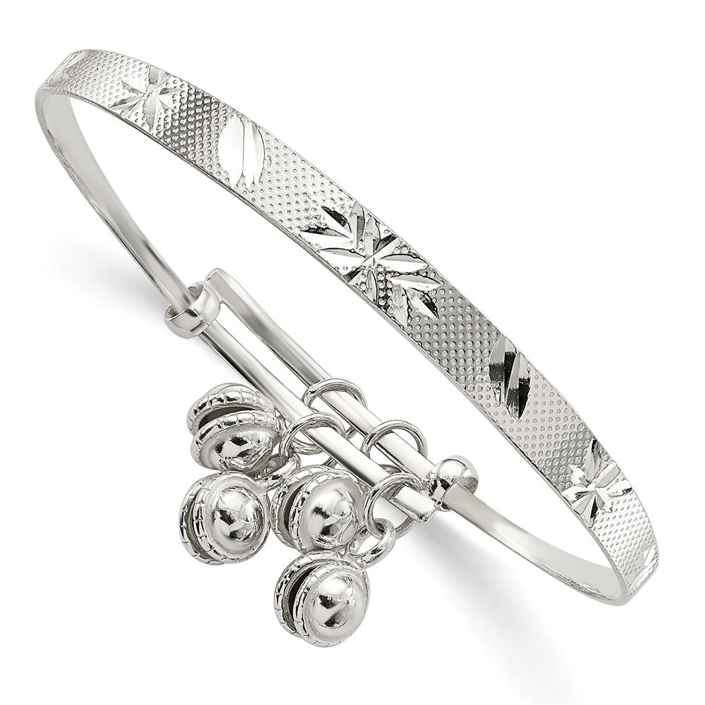 Sterling Silver D/C & Textured Bells Adjustable Children's Bangle Bracelet, 6 x 13.5 mm