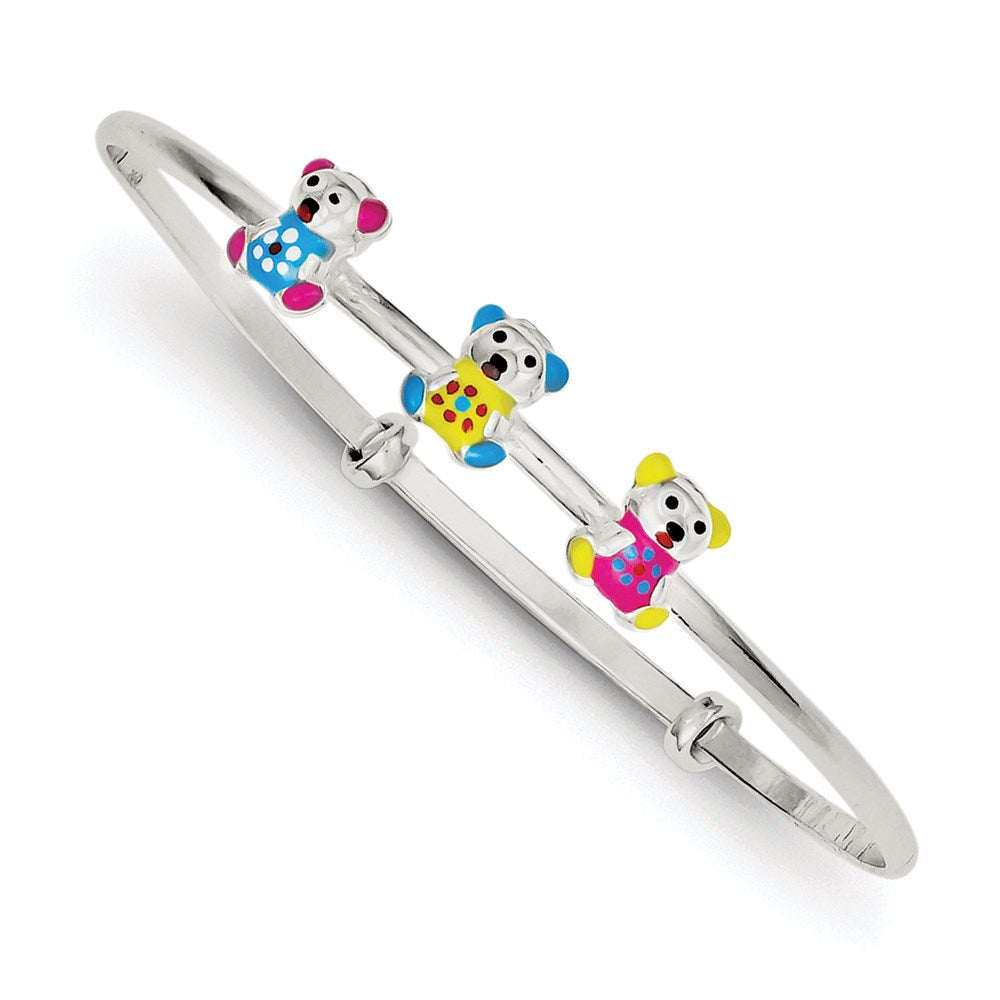 Sterling Silver Multi-color Enamel Teddy Bear Adjustable Children's Bangle, 6 x 8 mm