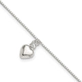 Sterling Silver 10inch Polished Puffed Heart Anklet, 10 x 1 mm