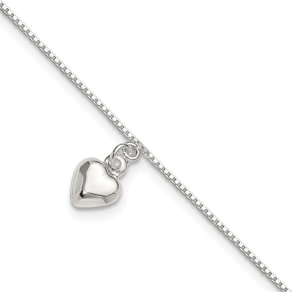 Sterling Silver 10inch Polished Puffed Heart Anklet, 10 x 1 mm