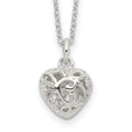 Sterling Silver Polished Puffed Filigree Heart 18 inch Necklace, 18 x 10 mm