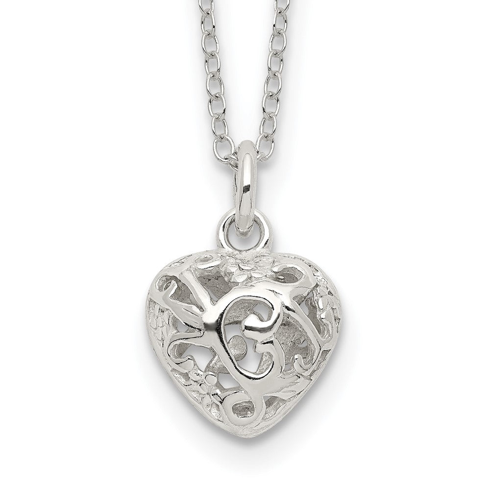 Sterling Silver Polished Puffed Filigree Heart 18 inch Necklace, 18 x 10 mm