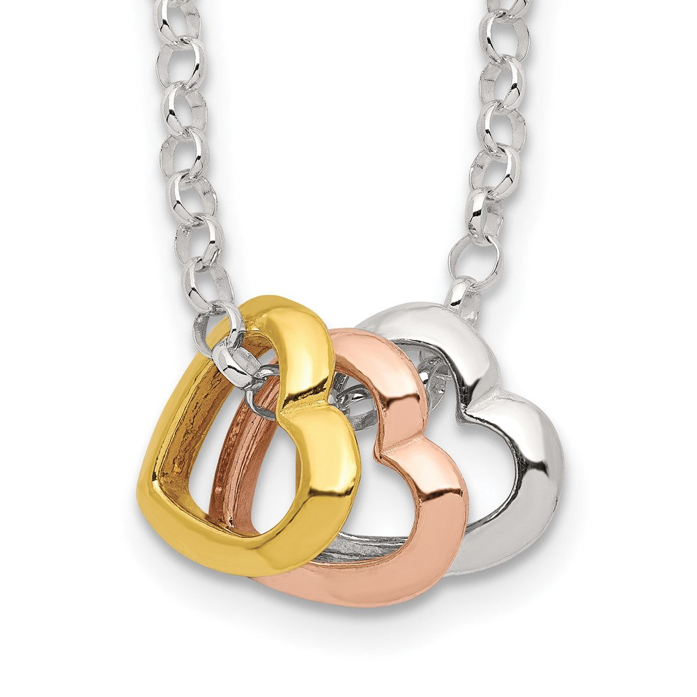 Sterling Silver and Vermeil Polished Fancy 3-Heart Necklace, 18 x 17 mm