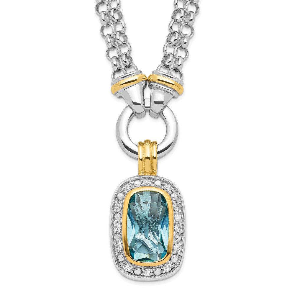 Sterling Silver Flash Gold-plated Clear and Blue CZ 16 inch Necklace, 16 x 17 mm