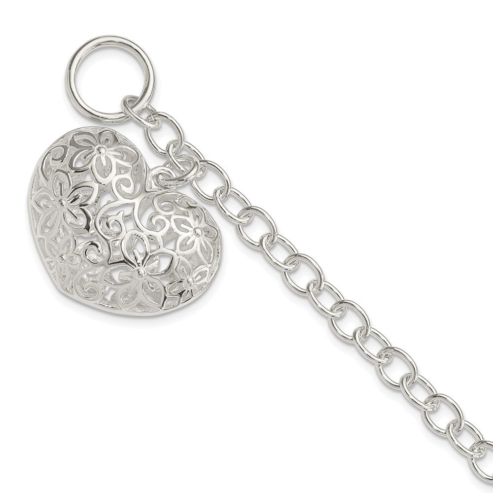 Sterling Silver Puffed Filigree Heart Toggle Bracelet, 7.75 x 32 mm